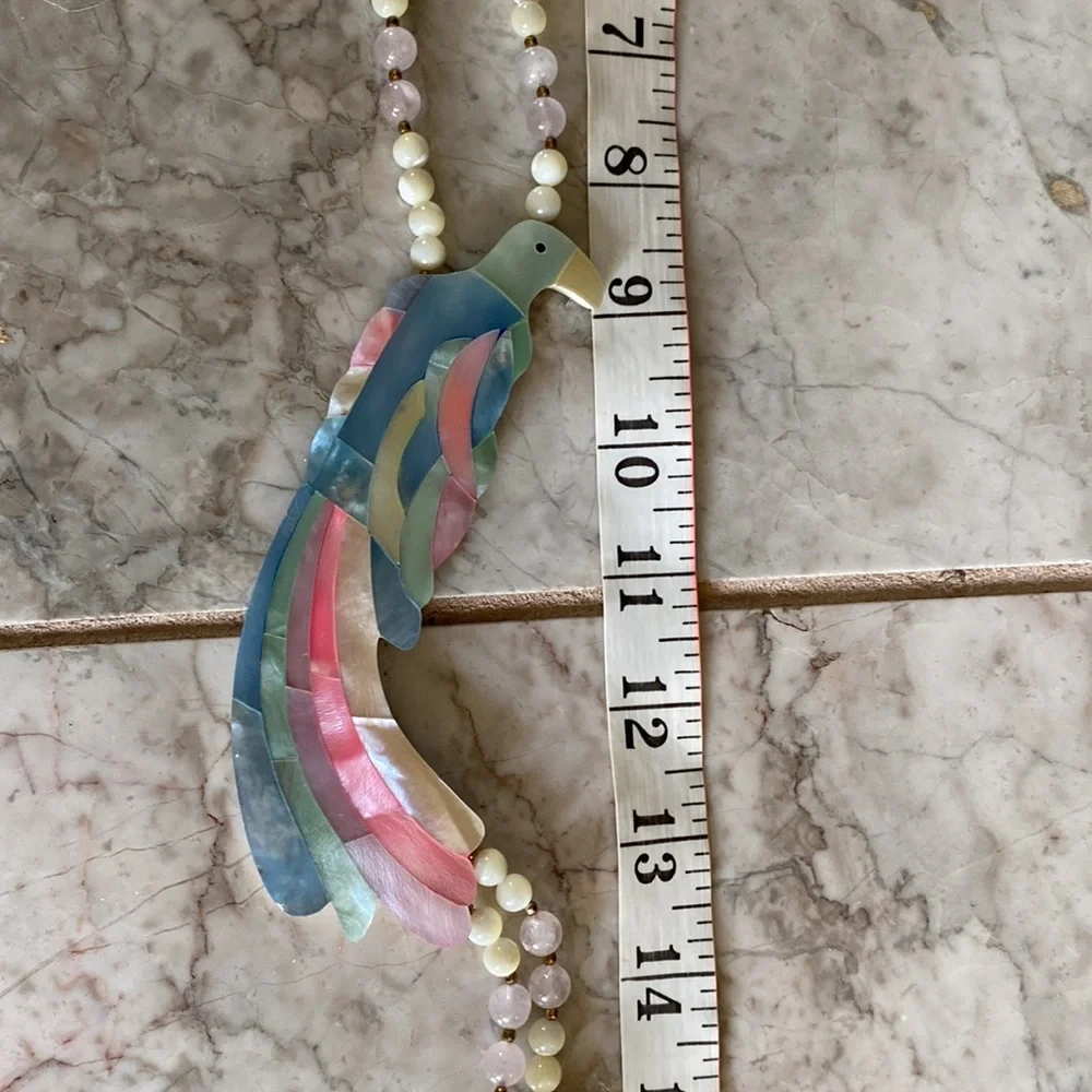 Vintage Karla Jordan Mother of Pearl Inlay Quartz Parrott Necklace - Picture 9 of 9